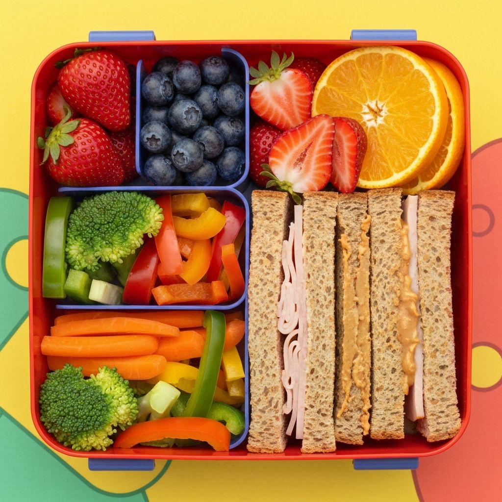 Kleurrijke gezonde lunchbox voor kinderen met groente, fruit en volkoren wrap