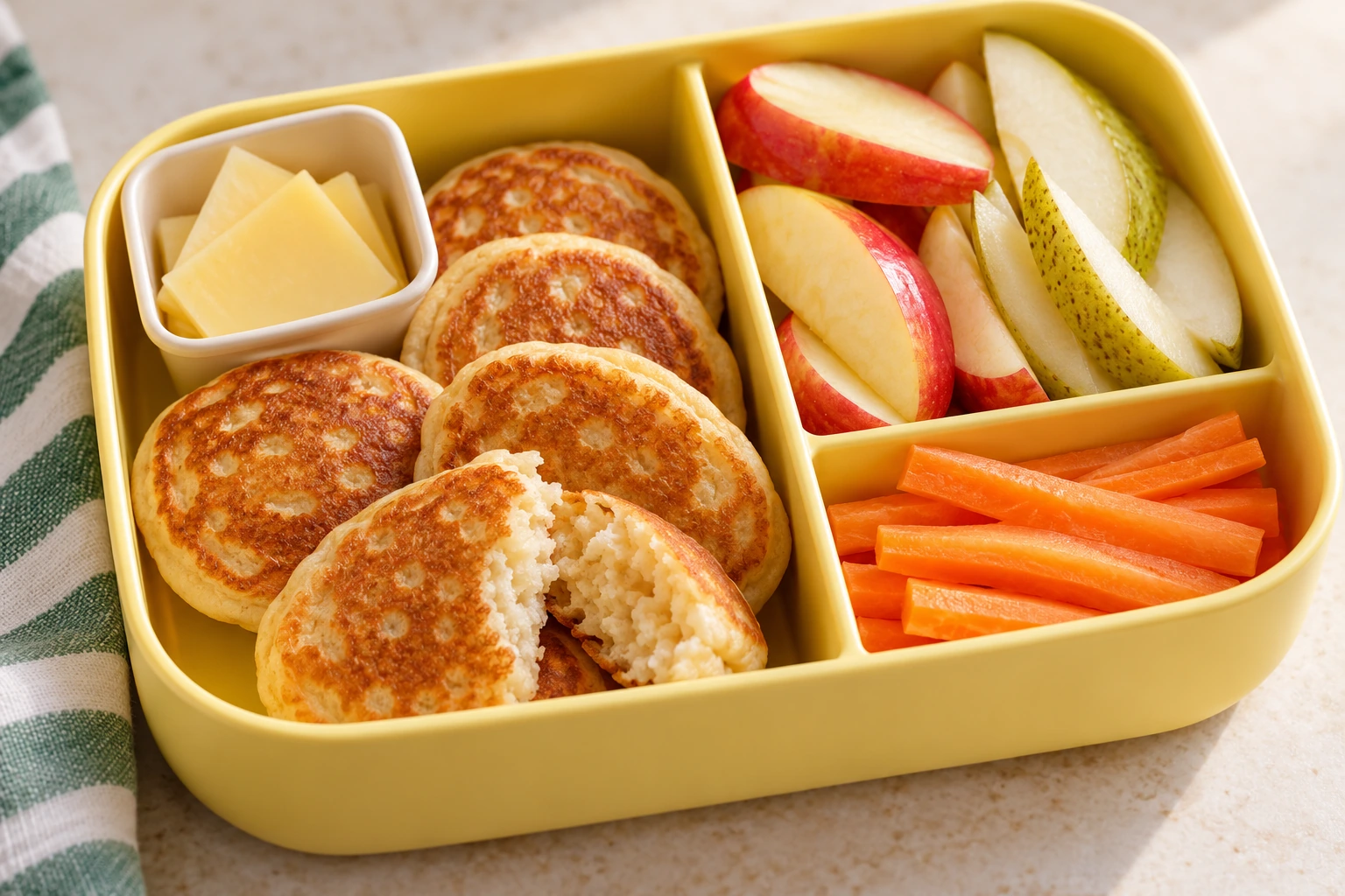 Luchtige mini-pannenkoekjes met appel, peer, wortel en kaas