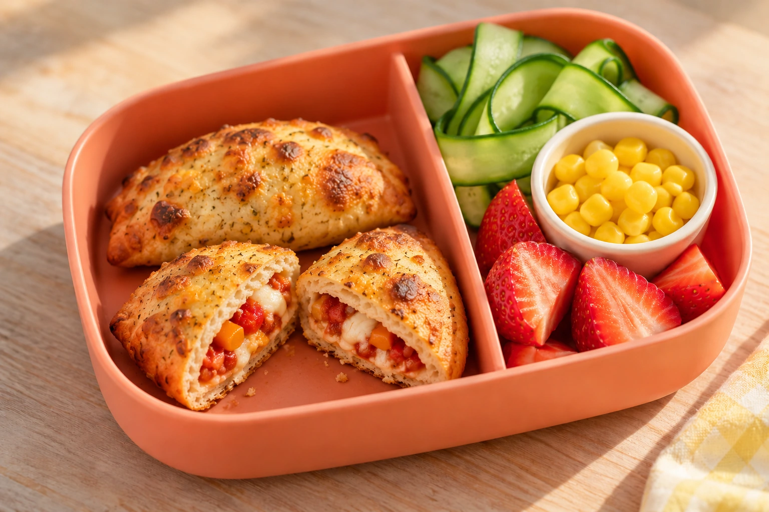 Kleine pizzapockets met tomaat, mozzarella en paprika; komkommer, mais en aardbei