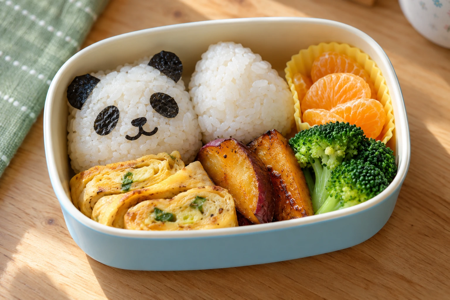 Rijst met eetbaar pandagezicht, omelet, zoete aardappel, broccoli en mandarijn