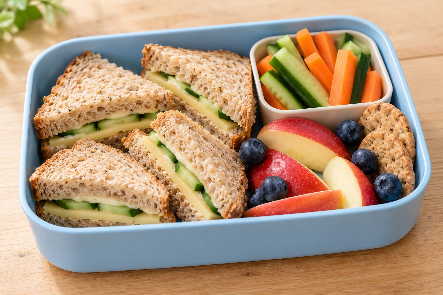 Volkoren sandwiches met kaas en komkommer, fruit, groente en crackers