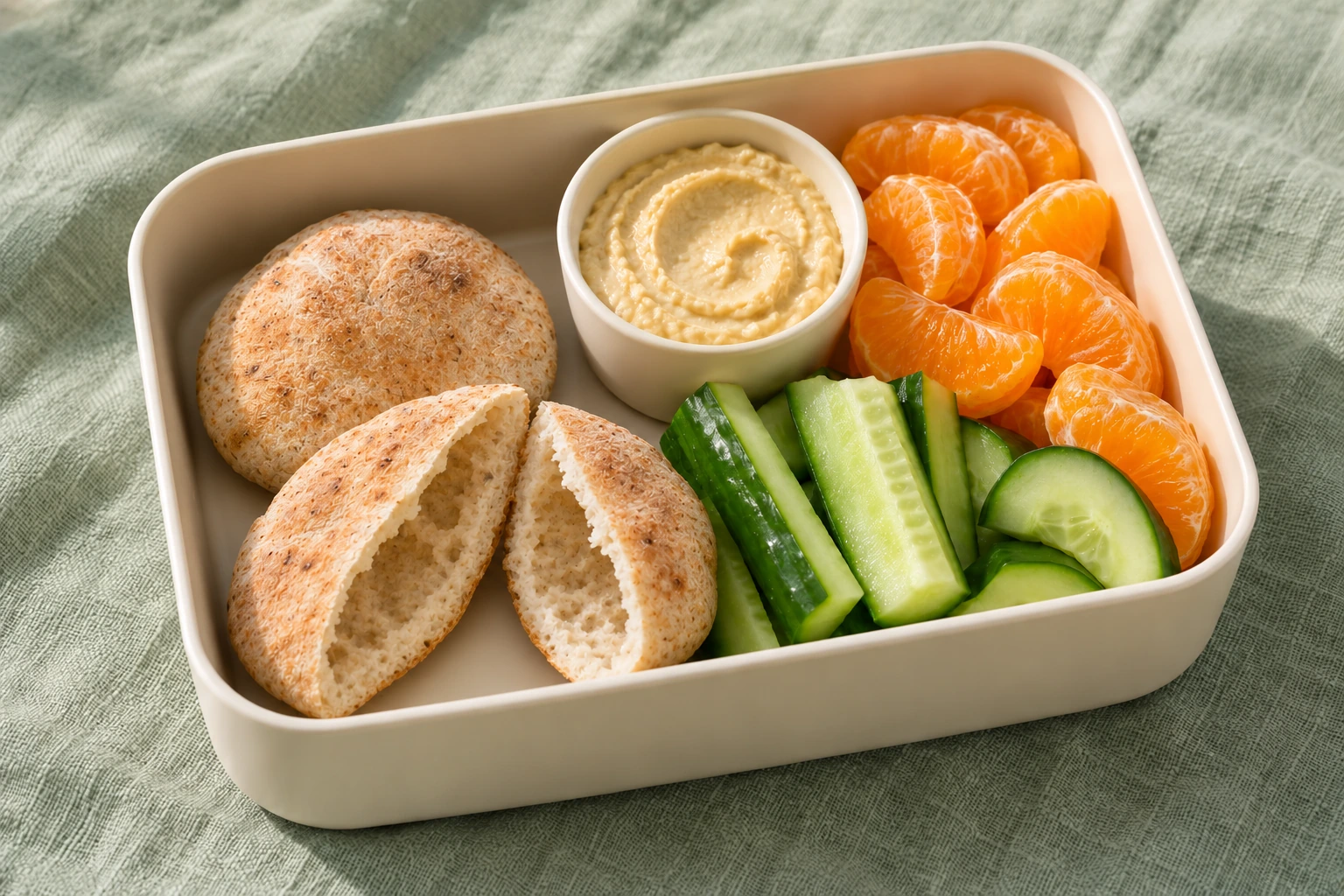 Mini-pitas met hummus, komkommer en mandarijn