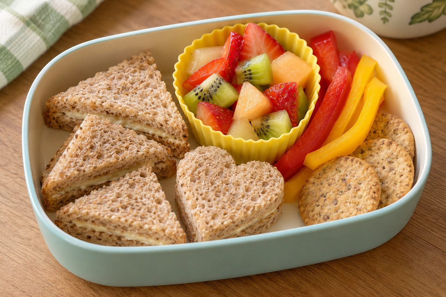 Kleine broodhapjes met paprika, fruitsalade en crackers