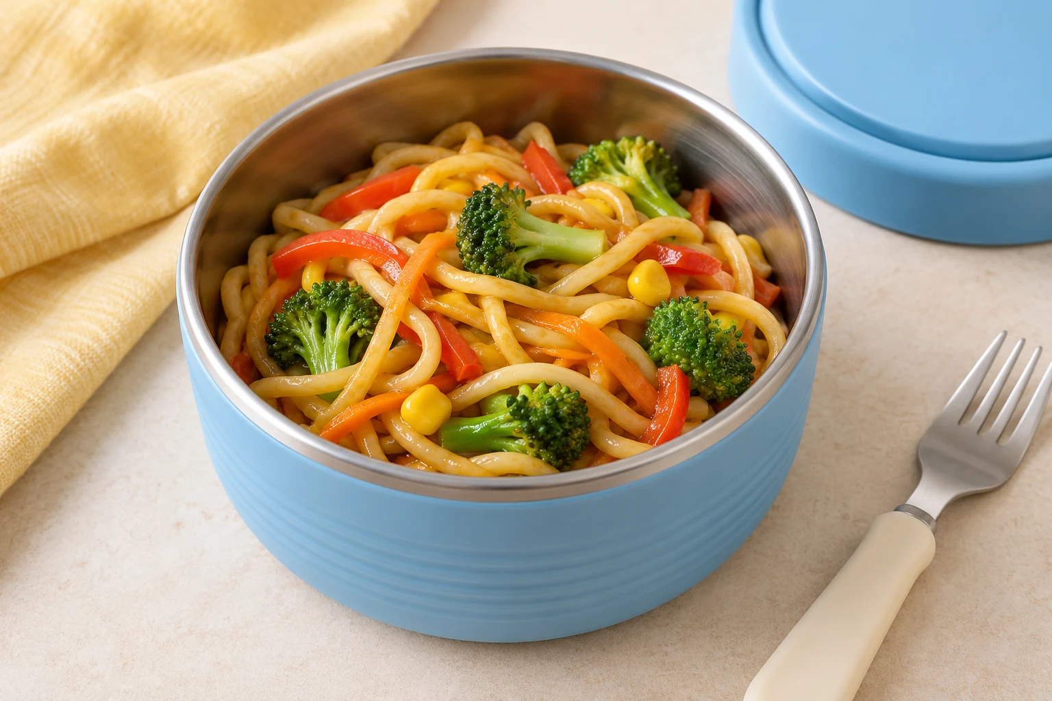 Warme noodles met zachte groenten en milde saus in een blauwe thermoskom