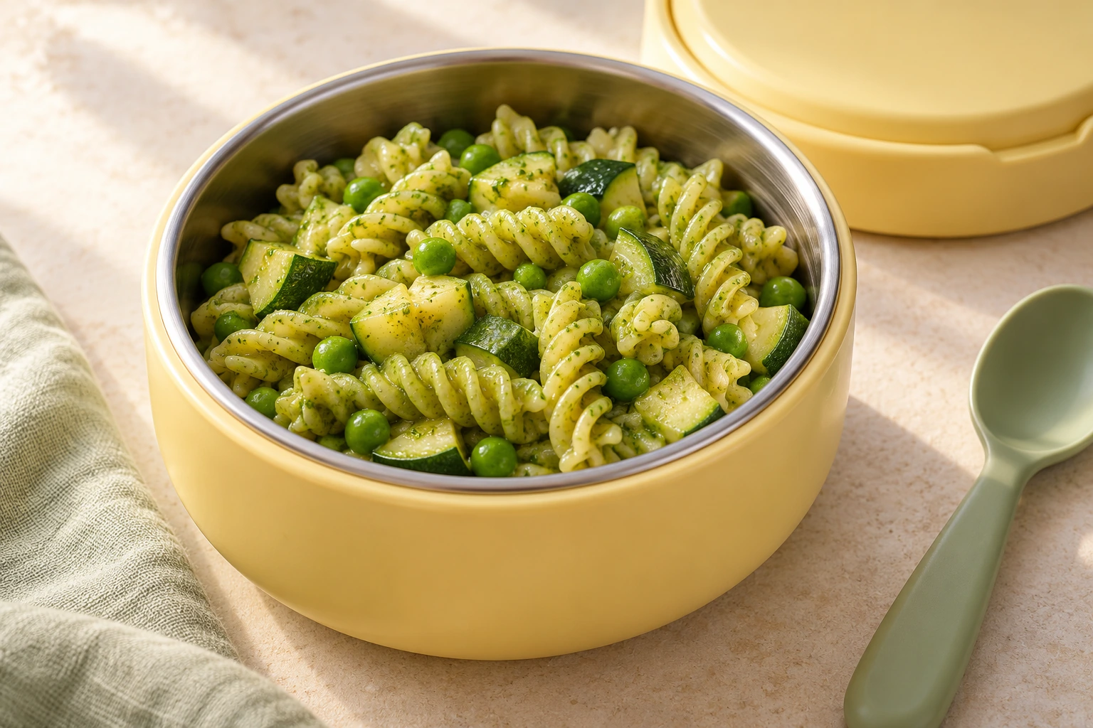 Warme pasta met milde groentepesto in een gele thermoskom