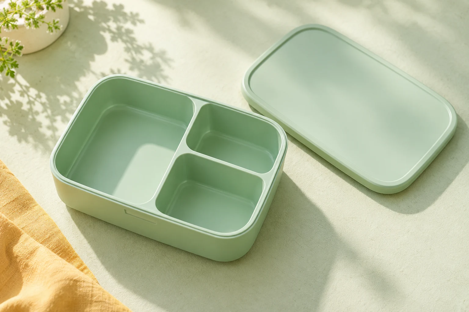 Open mintgroene bentobox met drie vakken en bijpassend deksel