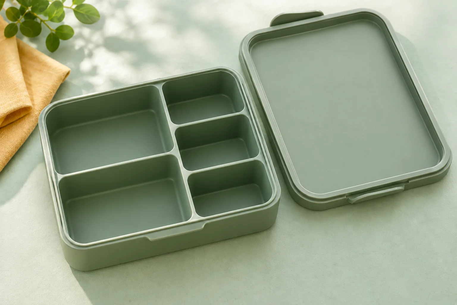 Open mintgroene bentobox met vijf vakken en bijpassend deksel
