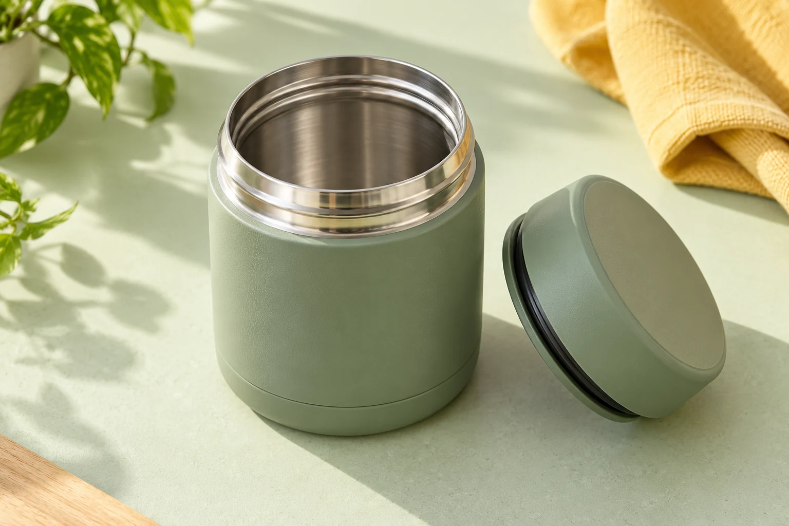 Compact groen thermospotje met brede roestvrijstalen opening en los deksel