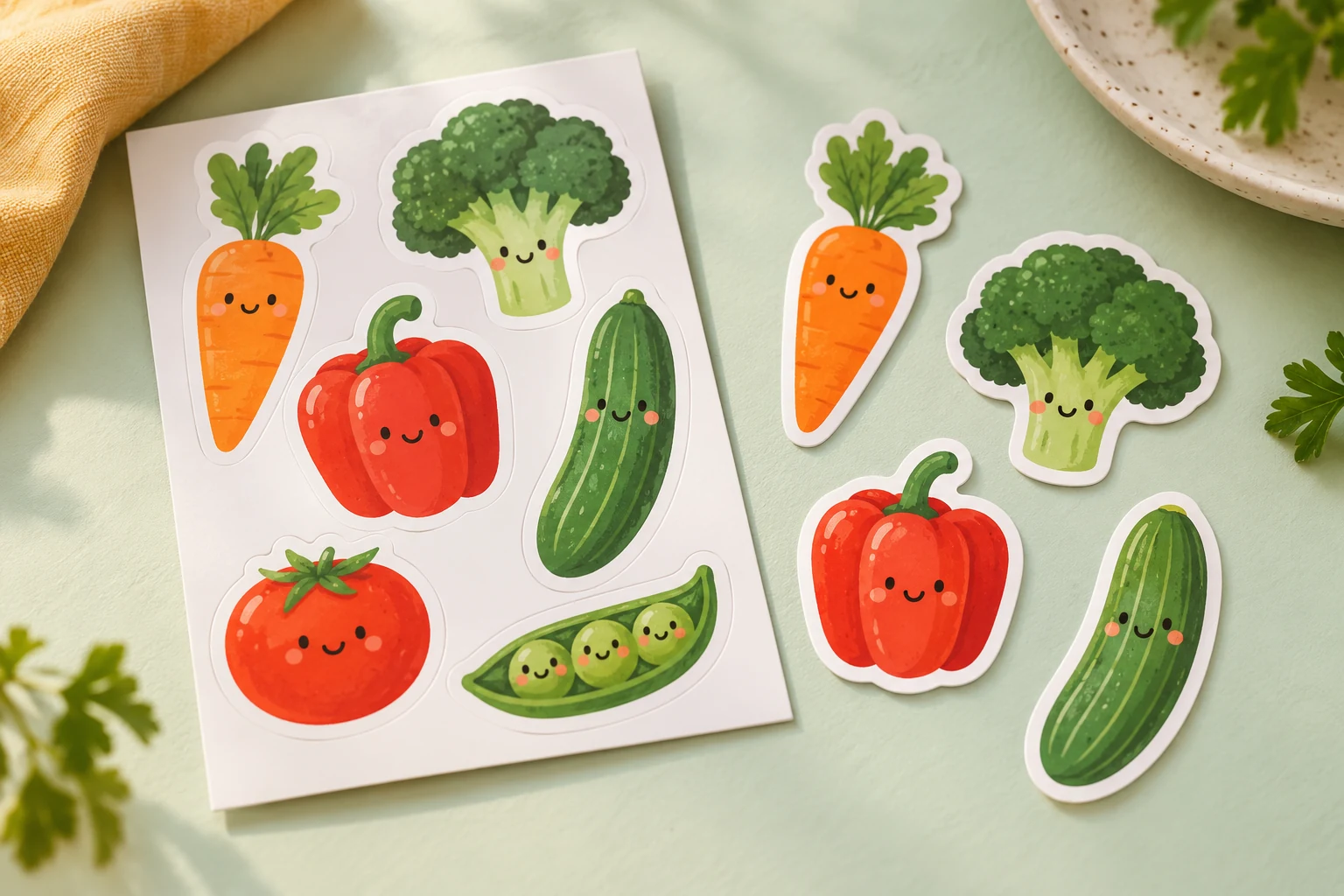 Stickervel en losse stickers met vrolijke groentefiguren