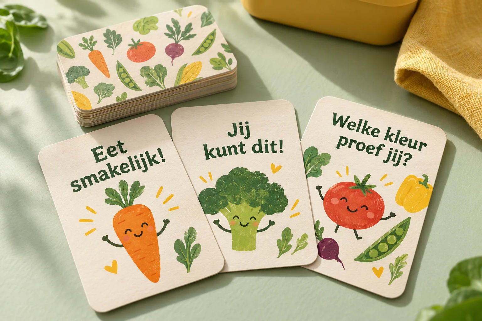 Lunchboxkaartjes met groente-illustraties en korte Nederlandse aanmoedigingen