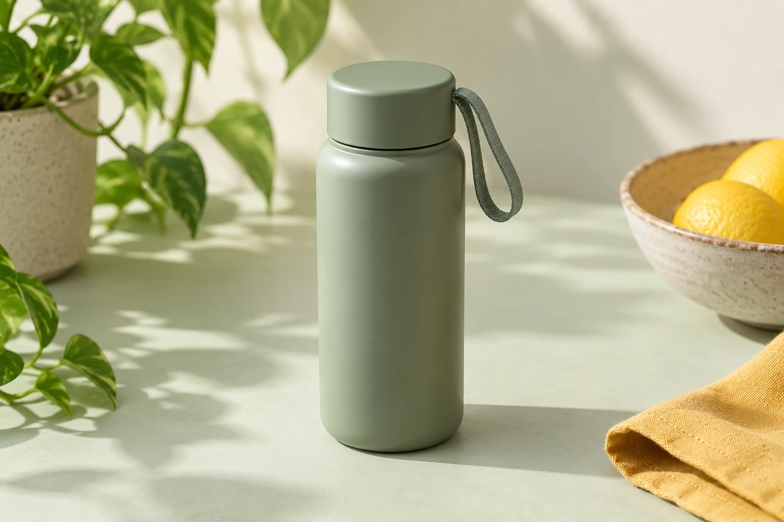Groene drinkfles met gesloten schroefdop en draaglus