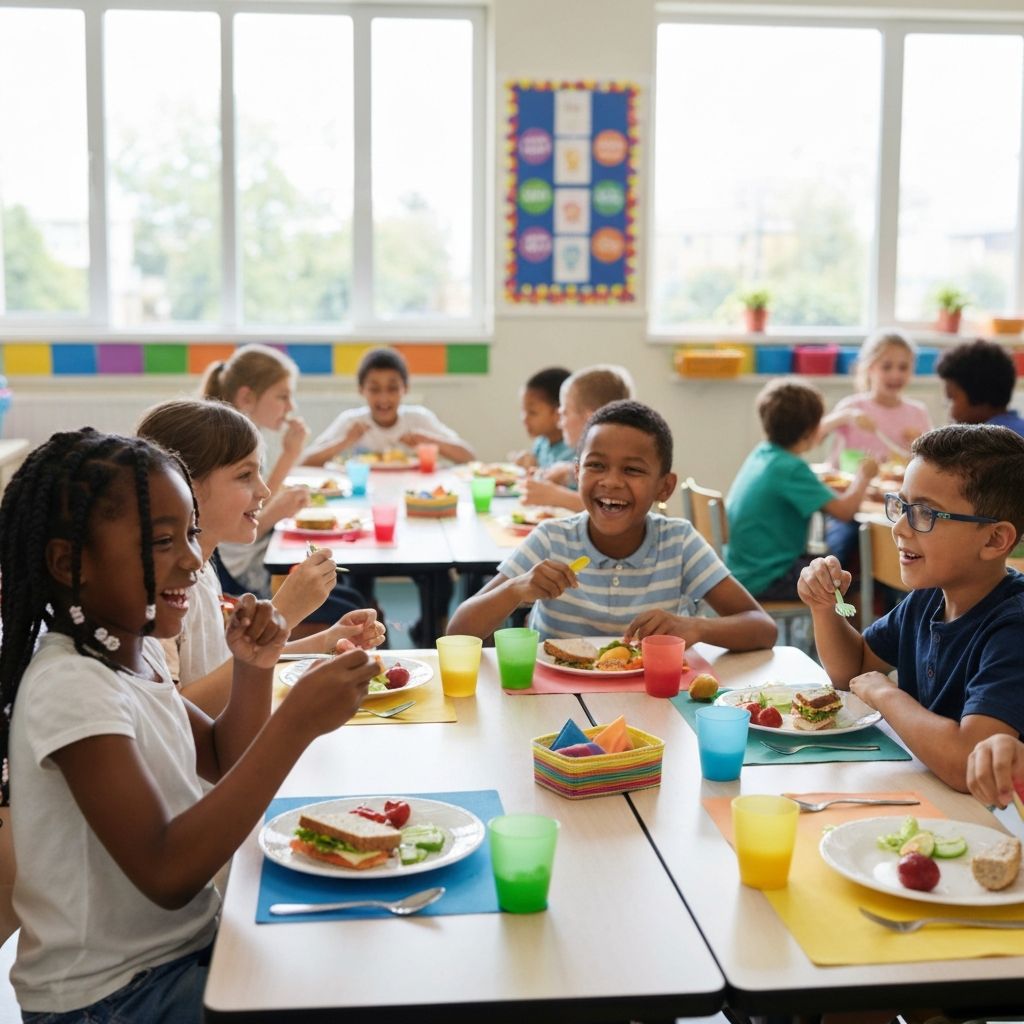 Kinderen eten samen een gezonde lunch op school